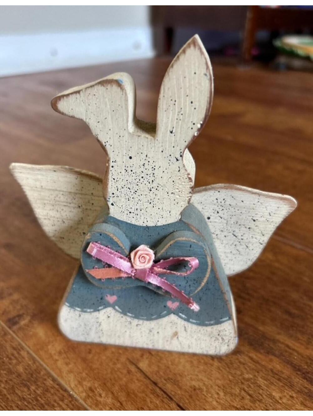 Handcrafted Wooden Bunny Angel Figurine with Pink Ribbon Bow